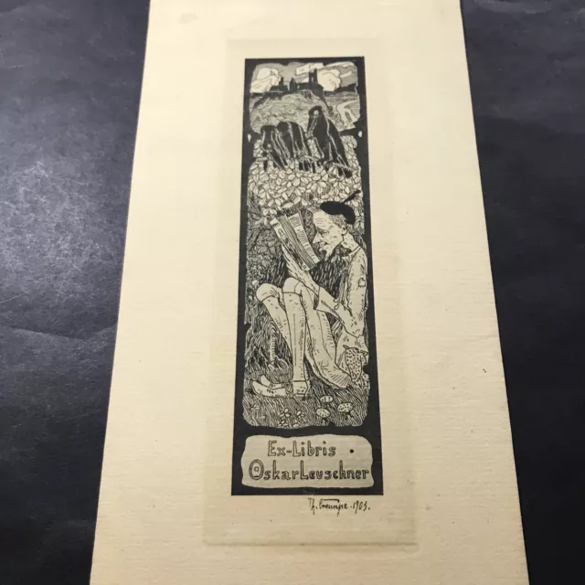 exlibris 1903 Incisione Di Théodore Crampe 1874-1911 Per Oskar Leuschner