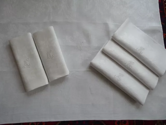serviettes anciennes de table lin damassé rare motif travaux des champs mono M.T