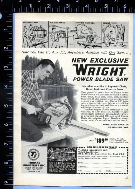 1959 Vintage Magazine Page Ad Wright Power Blade Saw