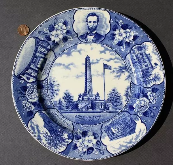 1960s Springfield Illinois Abraham Lincoln Tomb Staffordshire Flow Blue Plate---