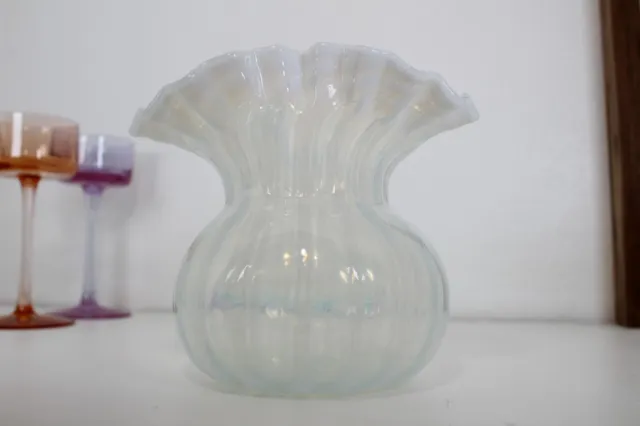 Antique c19th Victorian Opalescent/Opaline Striped Glass Vase - c1880