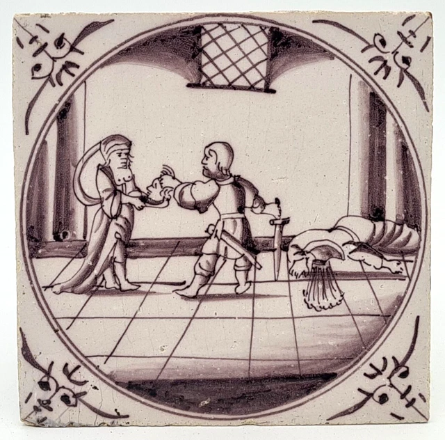 Antique 18th Century Dutch Delft Manganese Tile Biblical Scene AE9
