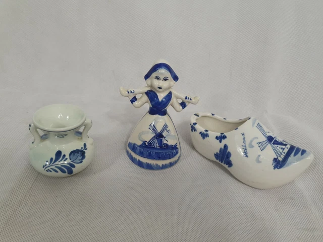Vintage Bundle Delft Blue White Ceramic Clog Hand Painted Woman Vase 15cm Long