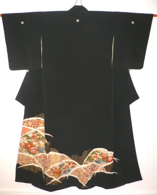 Fab Vintage Japanese Black Tomesode Silk Kimono, Flowers, Birds, Gold Embroidery
