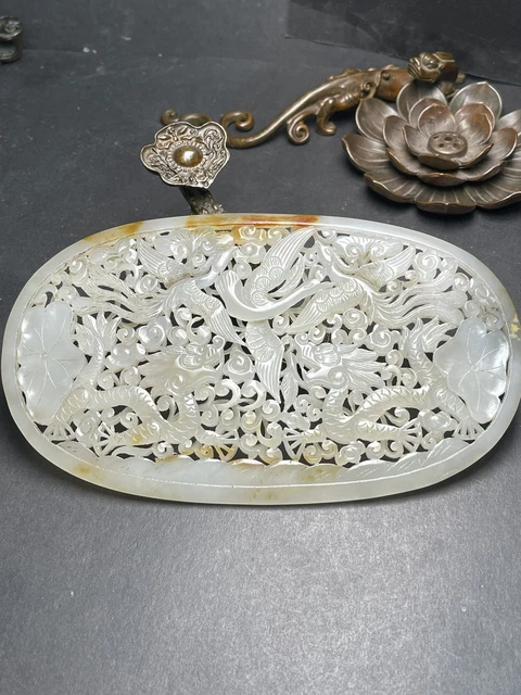 Chinese Exquisite Handmade dragon phoenix Carving Hetian Jade Statue Pendant