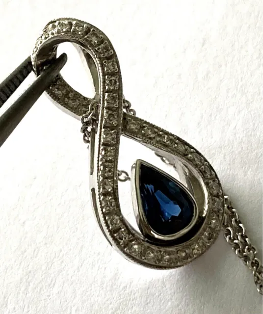 NOS Blue Sapphire 14K White Gold Diamond Ladies Infinity Pendant Necklace Chain
