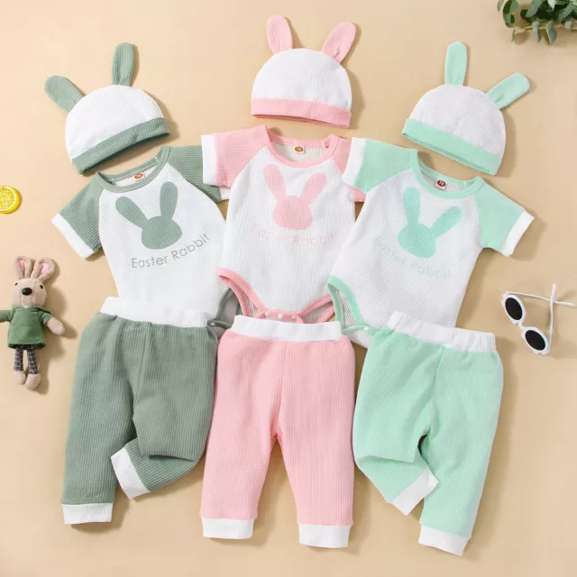 Infant Baby Boys Girls Easter Cartoon Rabbit Printed Romper Pants Hat Outfits