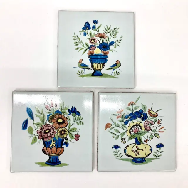 Vintage Ceramic Tiles English Floral Polychrome Backsplash Coasters Trivet 5"