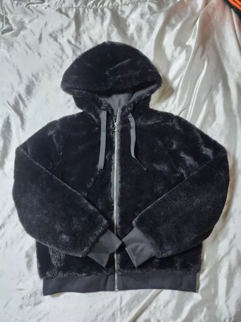 WOMEN'S ATHLETA BLACK Faux Fur Hooded Full Zip Ritual Jacket Size Small ...