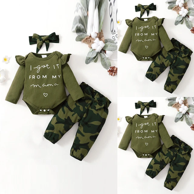 3Pcs Newborn Baby Girls Letter Tops Camouflage Pants Headband Set Toddler Outfit