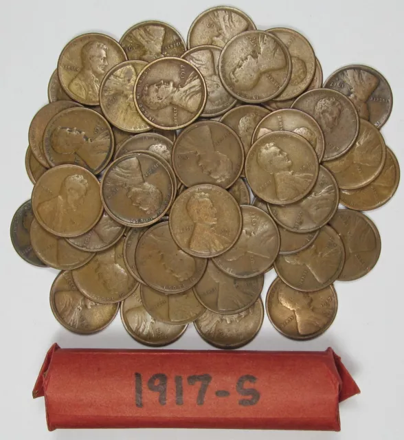 1917-S Lincoln Cents/Wheat Penny Roll of 50 Average Circulated Good+ Pennies Lot
