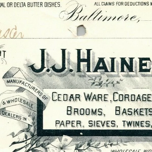1896 Letterhead Billhead J.J. Haines Paper Twines Baltimore Ephraim Baker*