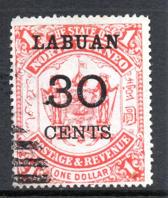 North Borneo- Labuan. Issued 1896. Scarlet. SG. 78. Overprinted 30c on $1. Used