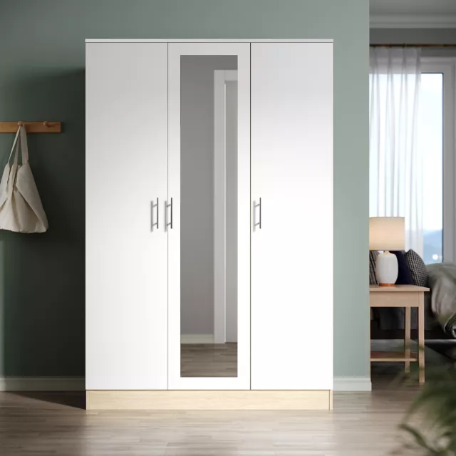 3 Door Triple Mirrored Wardrobe High Gloss White&Oak with Hanging Rail & Shelves