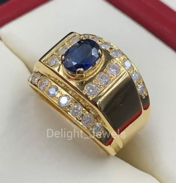 Natural Blue Sapphire Gemstone with 14k Yellow Gold Ring Men's Ring Mens Jewelry