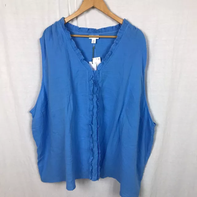 NWT Liz Claiborne Women's Ruffle Front V Neck Tank Top Solid Blue 100% Cotton 5X