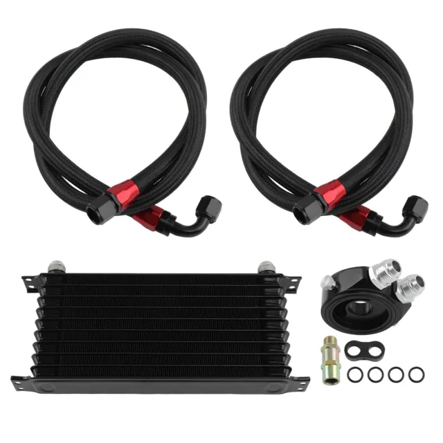 10 Row 10AN Engine Oil Cooler + M20& 3/4*16 Filter Plate Adapter Kit 2 Oil Lines