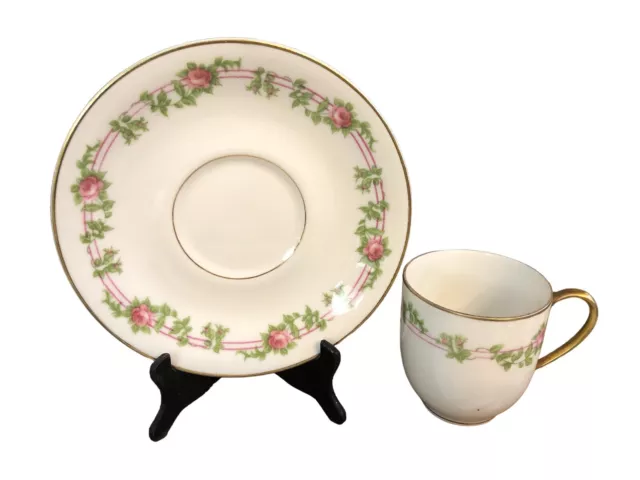 A Lanternier & Cie Limoges Tea Cup & Saucer Floral Pinks Greens Small Gold Trim