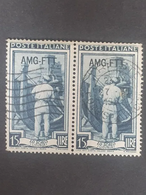 Pair of Italy stamps. Trieste Zone A. 1950. 15 Lire. Used. AMG-FTT O/P