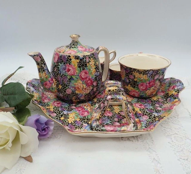 Vintage Royal Winton Black Hazel Chintz Bachelor Breakfast Set, Tea for One