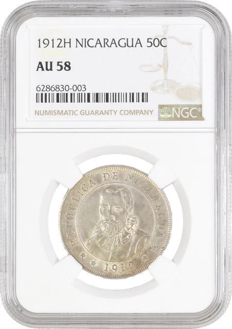 Nicaragua 50 centavos 1912 H, NGC AU58, "Cordoba (1912 - 1990)"