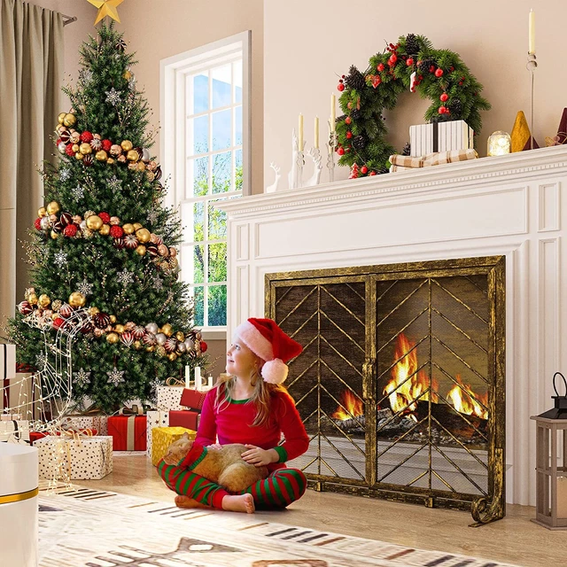 39X31" Large Fireplace Screen with Doors Solid Wrought Iron Frame Metal Mesh