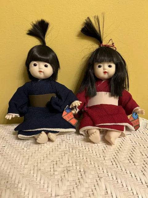 2- Japanese Ichimatsu 10" Baby Dolls Sitting Kimono Original Tag Intact