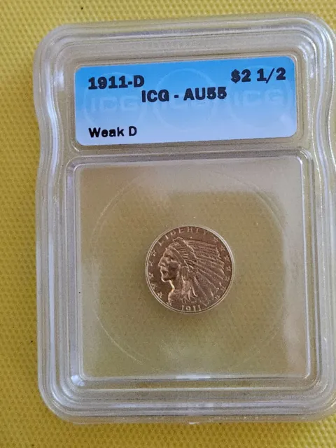 1911 D Gold Quarter Eagle  - Indian   ICG-AU55  (Weak D)