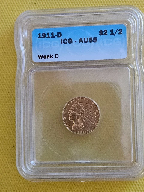 1911 D Gold Quarter Eagle  - Indian   ICG-AU55  (Weak D)