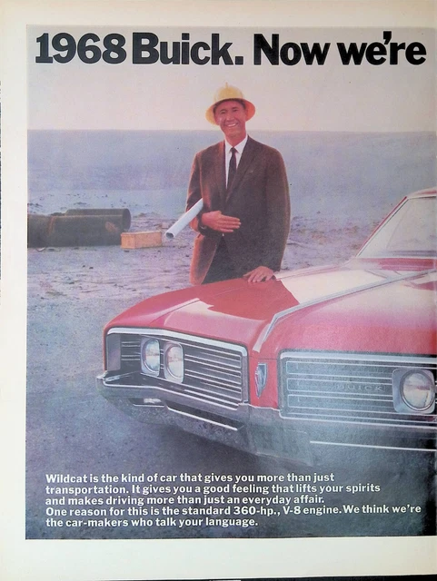 Print Ad 1968 GM Red Buick Wildcat 2 Door Hardtop 360 hp V8 Man Suit Hardhat