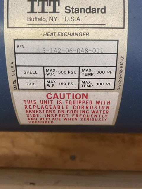 ITT Standard BCF 3-342-9-00-901-01 Shell And Tube Heat Exchanger, 4-Pass, 300°F