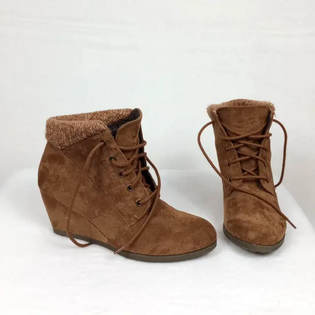 Madden Girl Courrtne Women's Wedge Lace-Up Brown Ankle Boots Size 7M