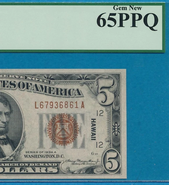 $5.00 1934-A Hawaii Brown Seal Federal Reserve Note Pcgs Gem New 65Ppq