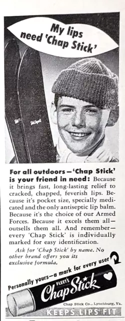 PRINT AD 1954 Chap Stick Keeps Lips Fit Lip Balm Boy with Skis 2.5x6 SMALL