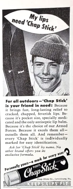 SMALL Vtg Print Ad 1954 Chap Stick Keeps Lips Fit Lip Balm Boy with Skis 2.5x6