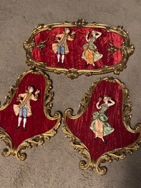 Vintage Depose Italy Victorian Dancers Couple Wall Hanging Set On a RedVelvet 3
