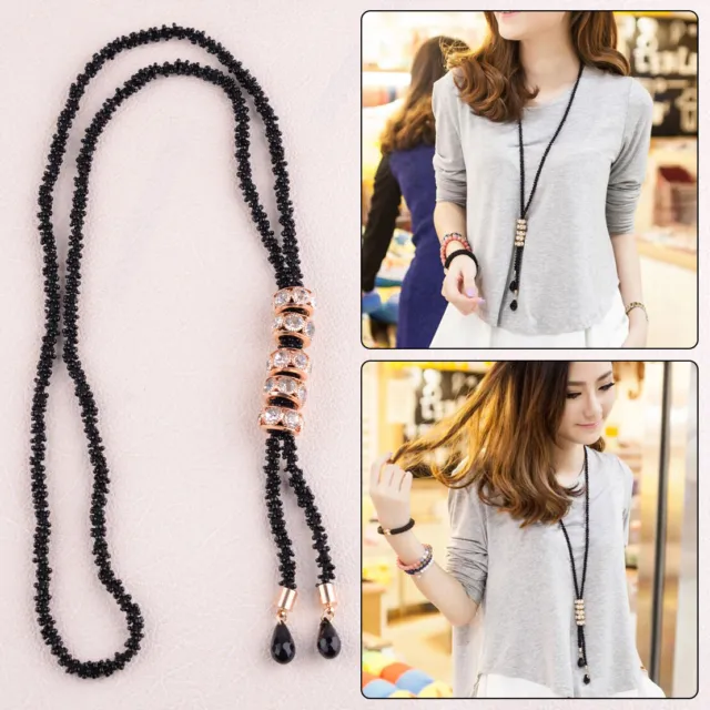 Women Black Beads Statement Pearl Crystal Long Sweater Chain Circles Necklace