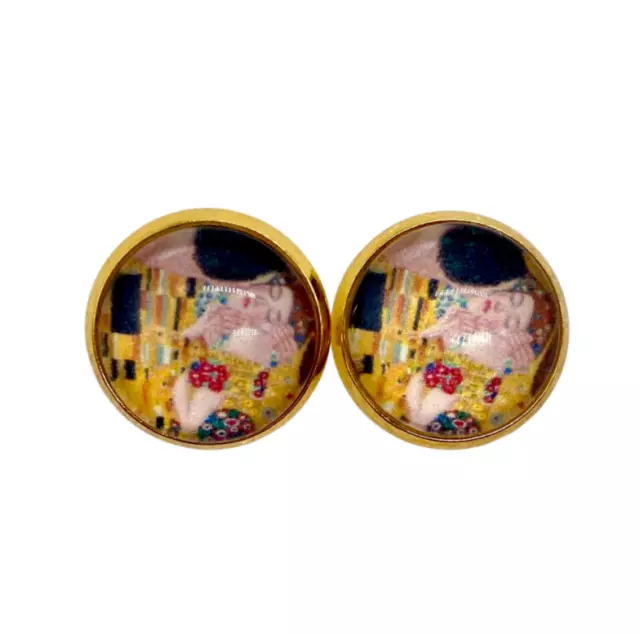 The Kiss by Gustav Klimt Stud Earrings 14mm Round Glass in Gold Plated Bezels