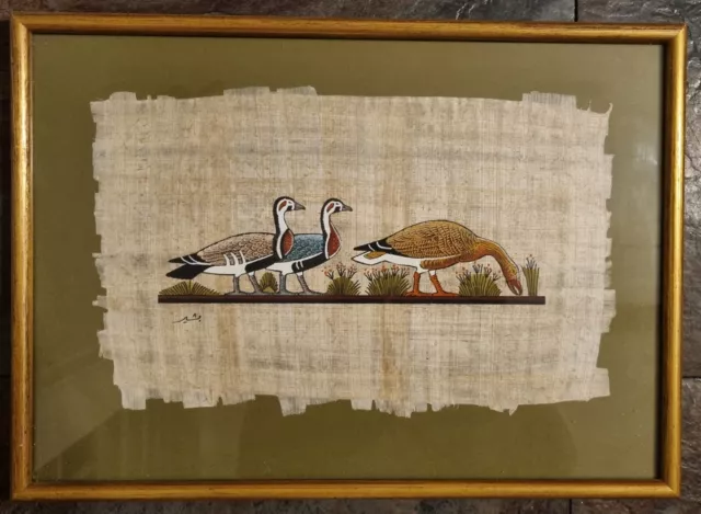 Vintage Framed Painted Art on Papyrus of Meidum Geese - Egypt Egyptian