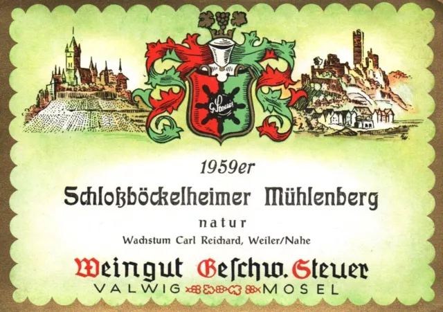 Vintage German Wine Label 1950s 1959er Schlossbockelheimer Muhlenberg Mosel