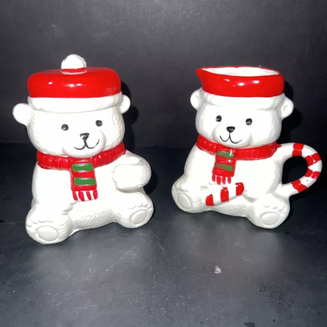 Vintage Himark Christmas Polar Bears Creamer & Sugar Bowl Lid, Made In Japan