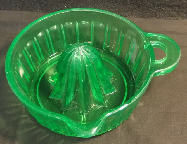 Vintage Large 6" Green Uranium Glass Citrus Reamer/Juicer w/ Handle & Spout