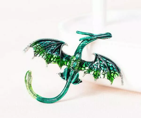 Large Realistic Enamel Dragon Brooch Green Crystal Pin Art Deco Pendant Gift New