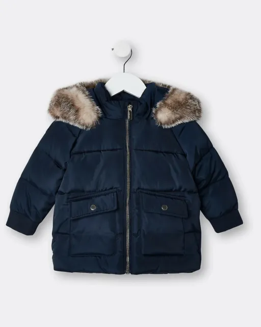 River Island Mini Girls Navy Hooded Puffer Coat Age 12-18 Months Free Uk Postage