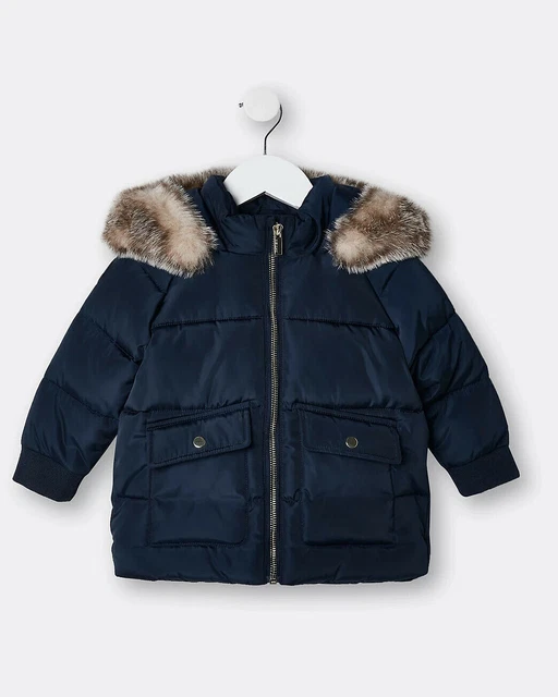 River Island Mini Girls Navy Hooded Puffer Coat Age 18-24 Months Free Uk Postage
