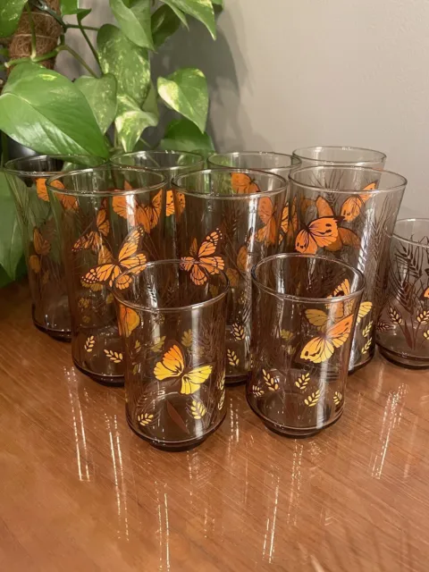 Vtg Libby Drinking Glasses Butterfly & Wheat Orange Yellow Amber 7-10 Oz, 4-4 Oz