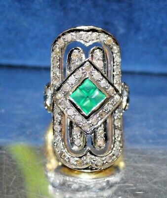 1.10ct Rose Cut Diamond Antique Look 925 Silver Emerald Gemstone Cocktail Ring