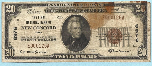 $20 National Currency 1929 - Type 1 - Ch#6976 - 1st NB, New Concord, OH - F+