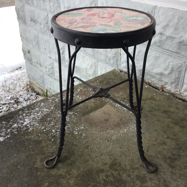 Antique Wrought Iron Twisted Legs Stand Stool Chair Black 1900 Crossbar 18 In