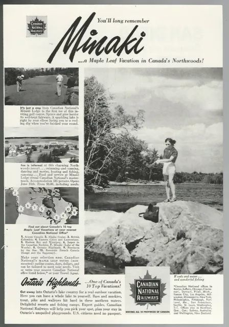 1951 CANADIAN NATIONAL RAILWAY advertisement, Minaki Lodge, fishing